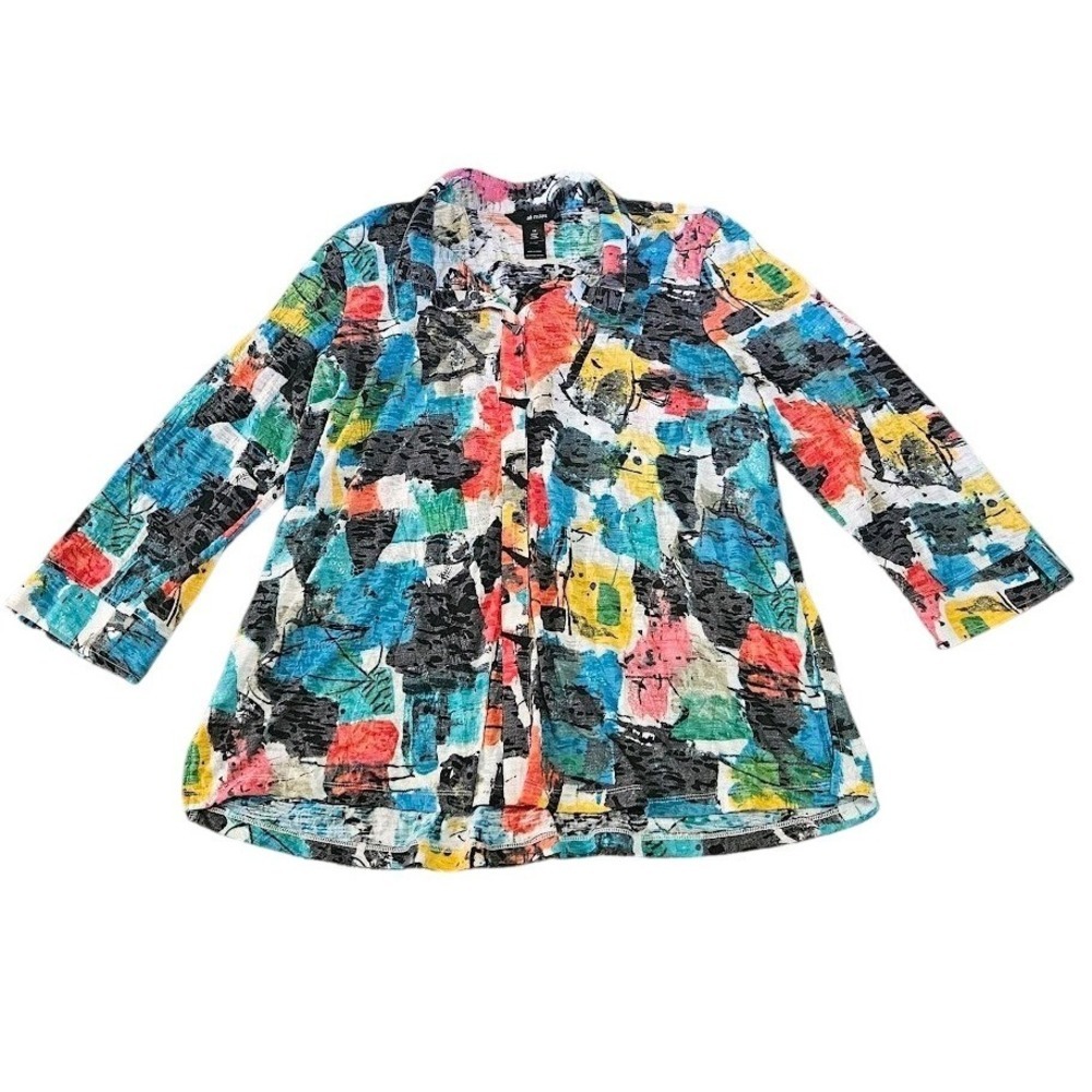 Ali Miles Button Up Tunic Top Womens 1X Abstract Print 3/4 Sleeve Multi-Color